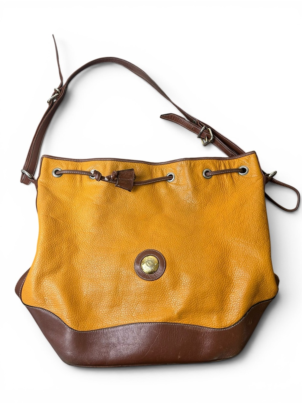 Vintage Mustard Yellow & Brown Pebbled Leather Drawstring Shoulder Bag